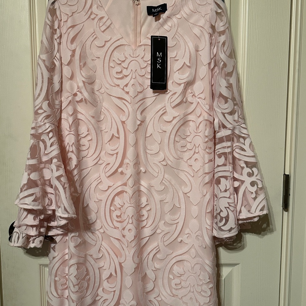 MSK Soft Blush Lace-Overlay Bell Sleeve Dress